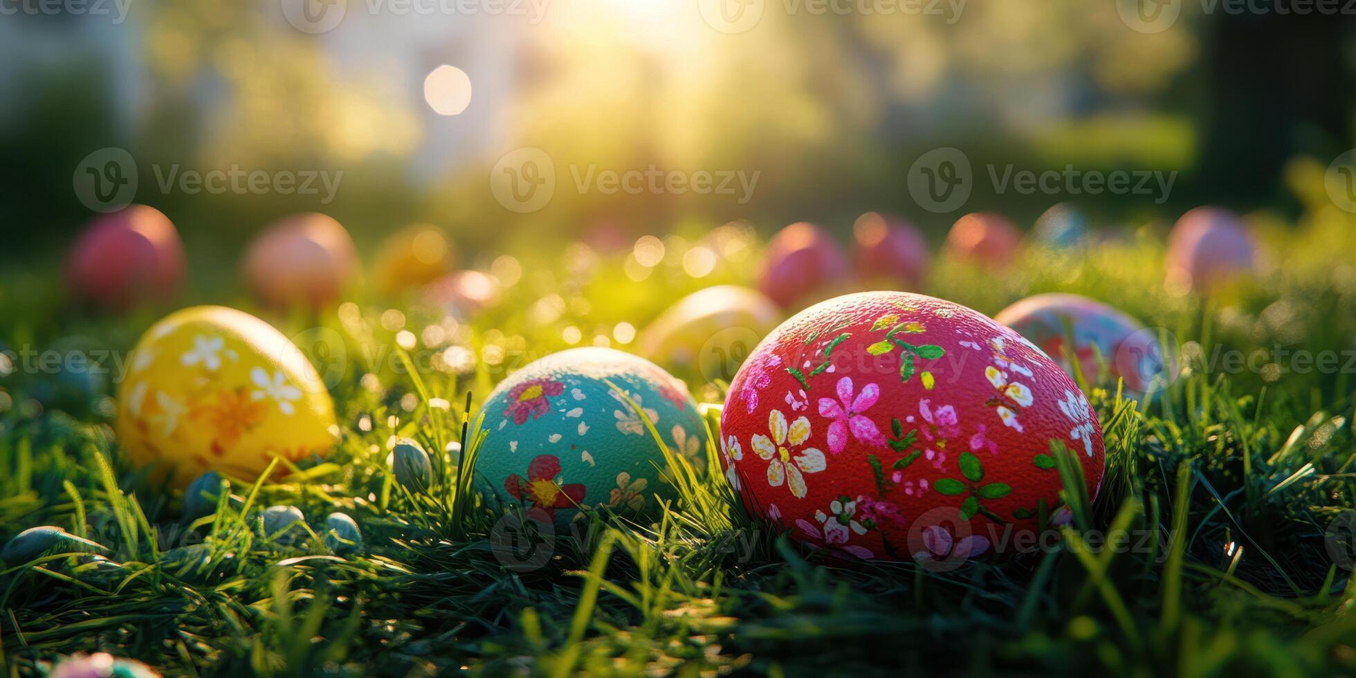 Colorful Easter eggs scattered on green grass during a sunny spring afternoon photo