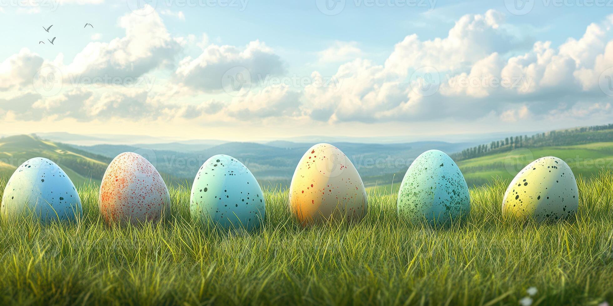 Colorful speckled eggs arranged in a grassy field under a bright sky in a serene countryside setting photo
