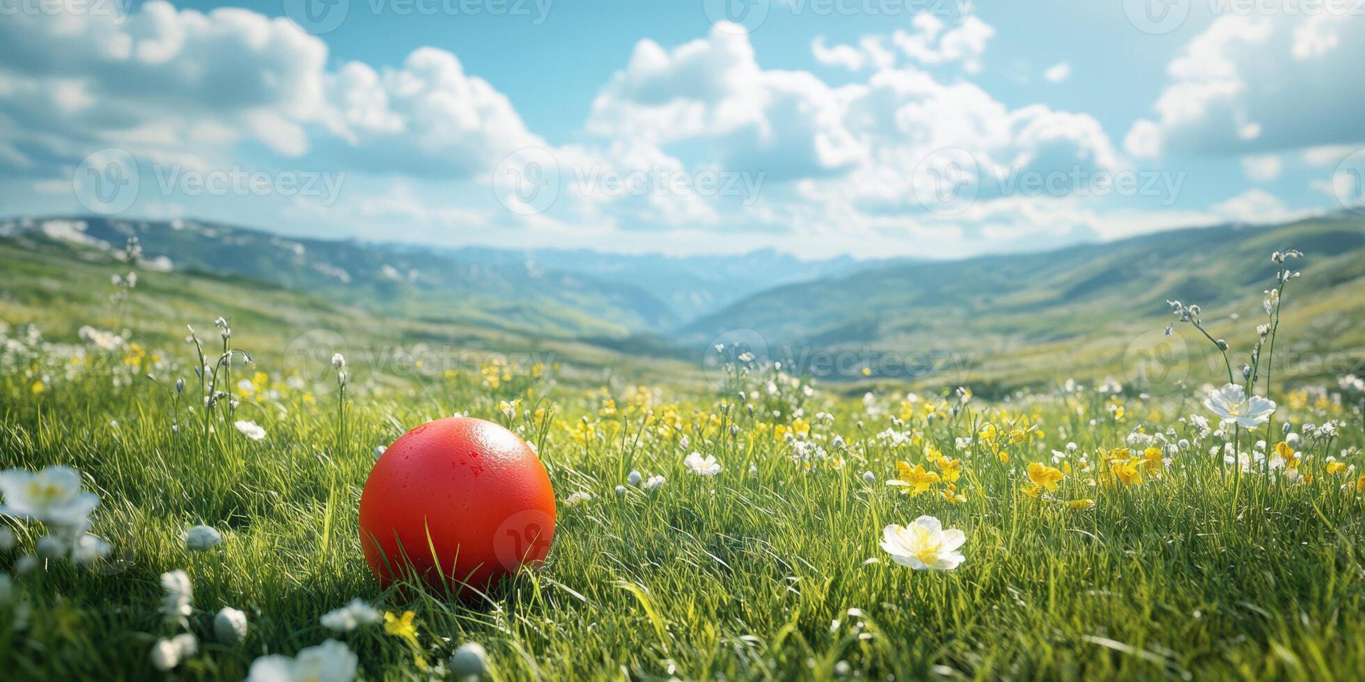 Vibrant red ball resting in a lush meadow under a blue sky in the early afternoon light photo
