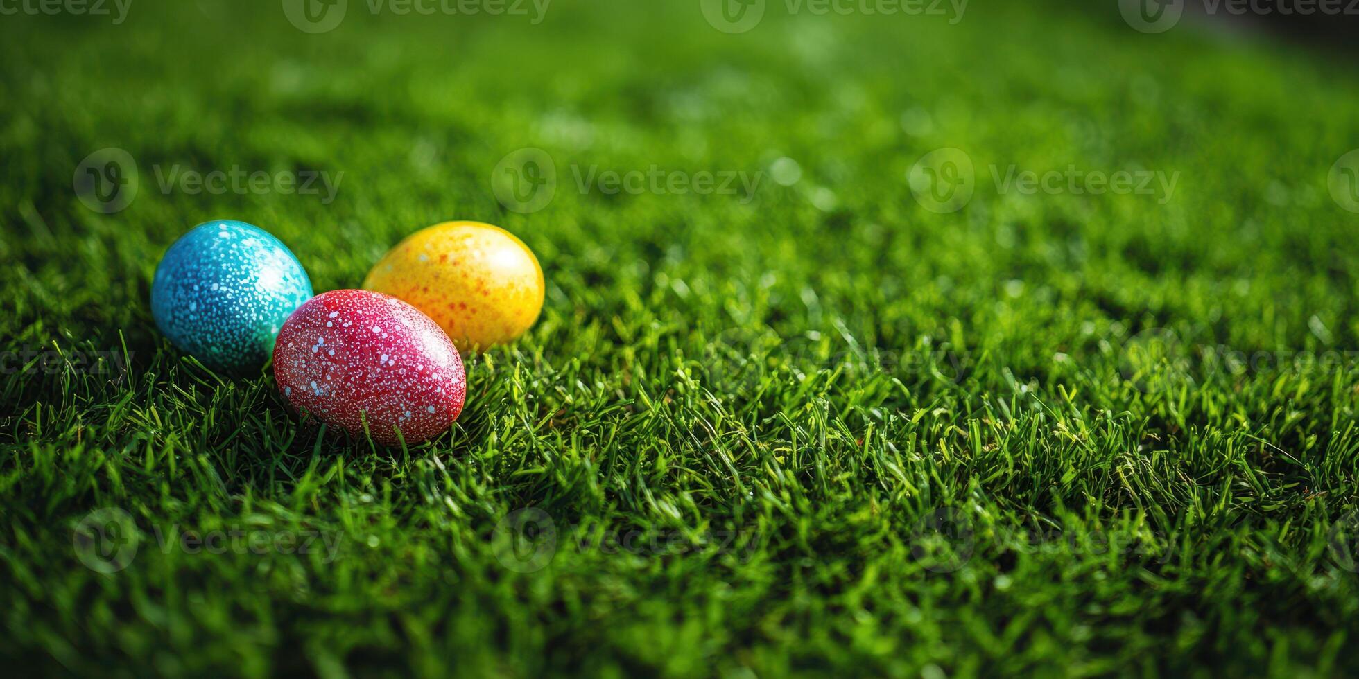 Colorful Easter eggs resting on vibrant green grass during a sunny spring afternoon photo