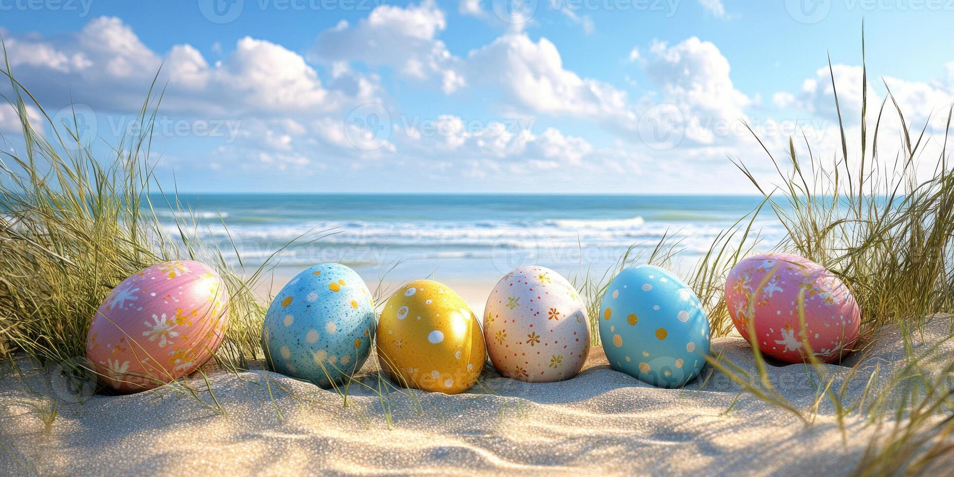 Colorful Easter eggs arranged on a sandy beach with a scenic ocean view under a bright sky photo