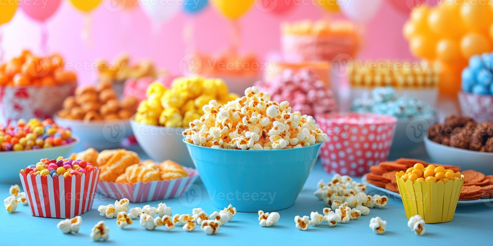 Colorful candy and snack display at a festive party with cheerful decorations and sweet treats for guests photo