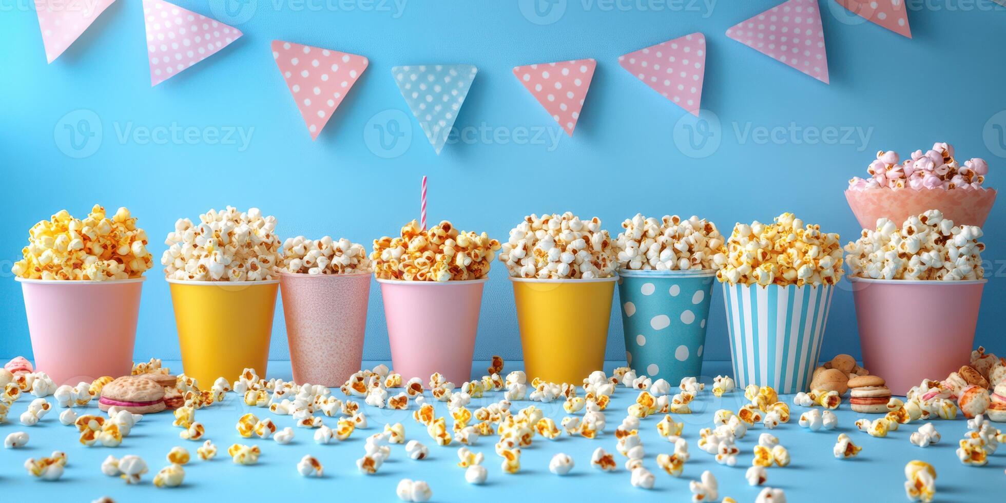 Colorful popcorn display with festive decorations for a fun gathering photo