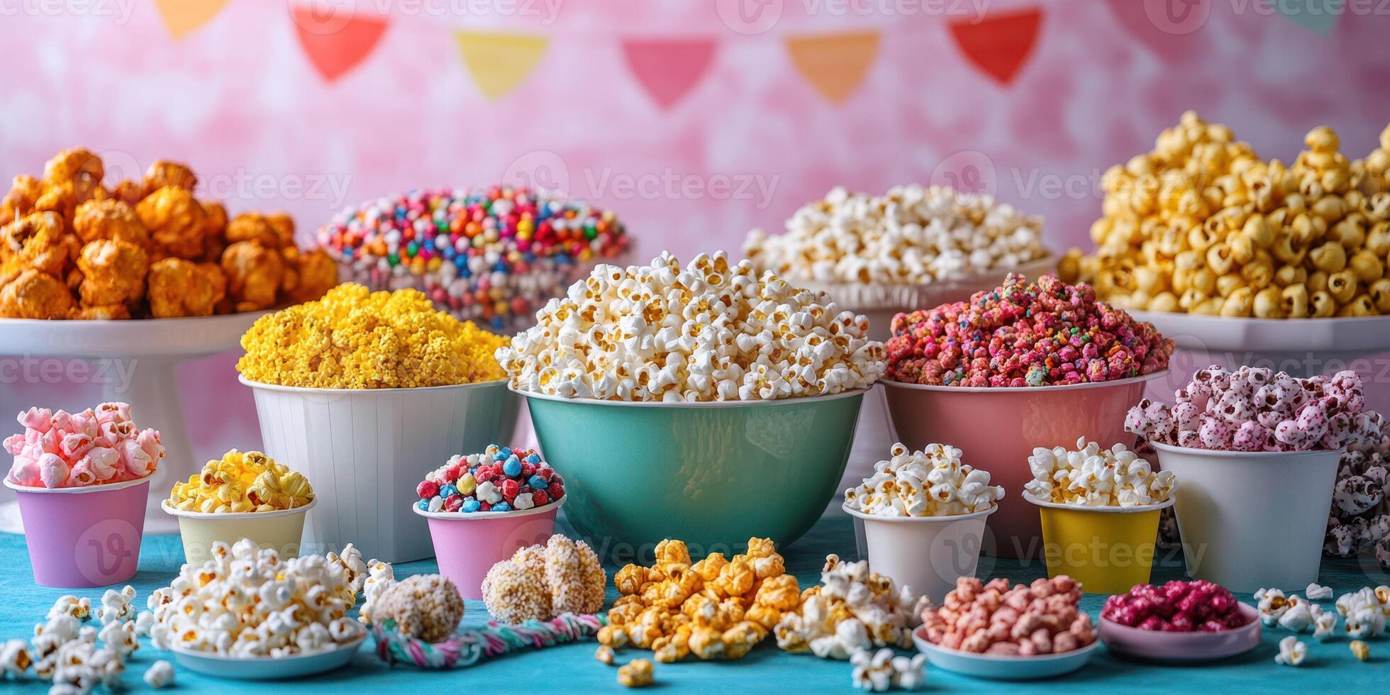 Colorful popcorn display at a festive event featuring a variety of flavors and shapes photo