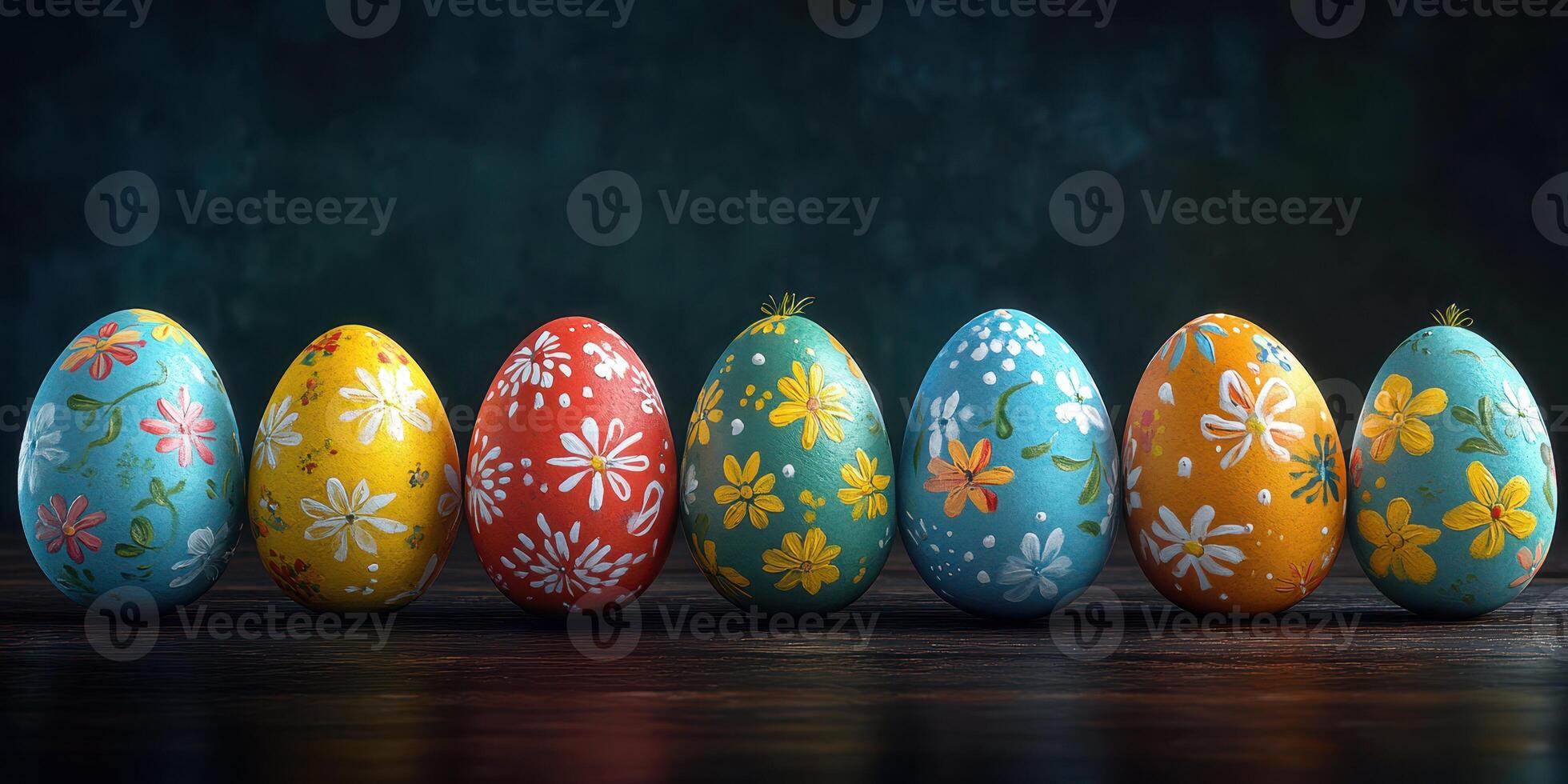 Colorful hand-painted Easter eggs arranged in a row on a rustic wooden surface photo