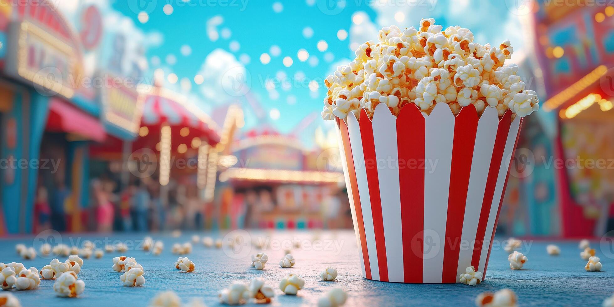 Colorful popcorn bucket in a vibrant carnival setting filled with fun and activity during a sunny day photo