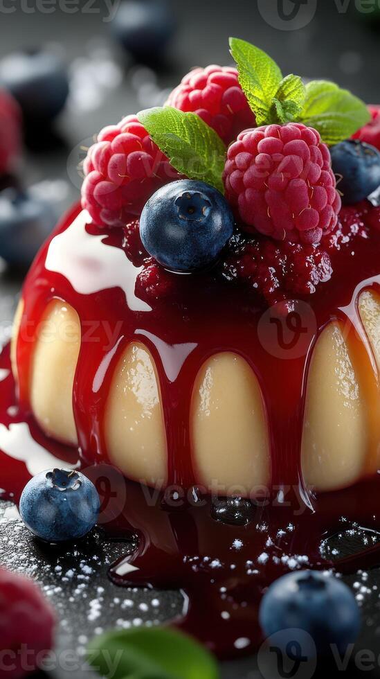 Delicious dessert topped with fresh berries and vibrant sauce on a dark background photo