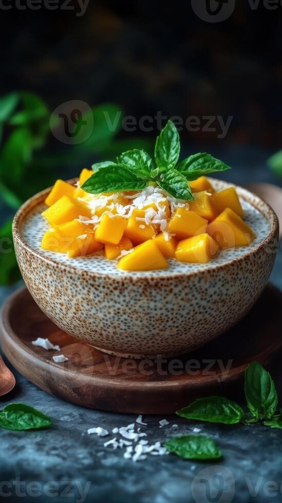 Delicious mango chia pudding topped with fresh coconut and mint leaves served in a rustic bowl on a wooden plate photo