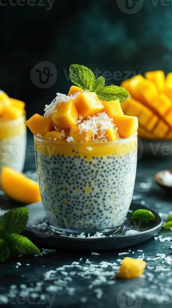 Chia pudding topped with fresh mango and coconut served on a dark background during a culinary presentation photo
