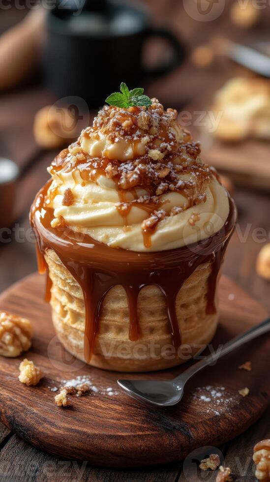Delicious dessert with creamy frosting, caramel drizzle, and crunchy toppings served in a waffle cup photo