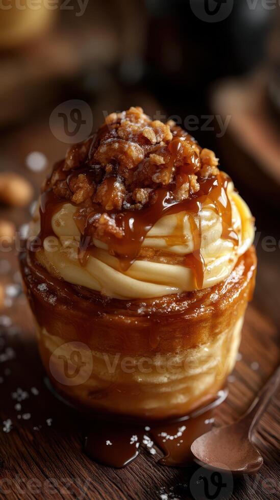 Delicious dessert featuring a creamy caramel topping and crunchy nuts on a wooden table photo