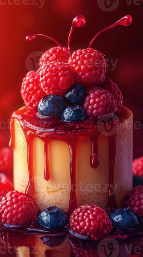 Delicious dessert topped with raspberries and blueberries in vibrant red and gold tones photo