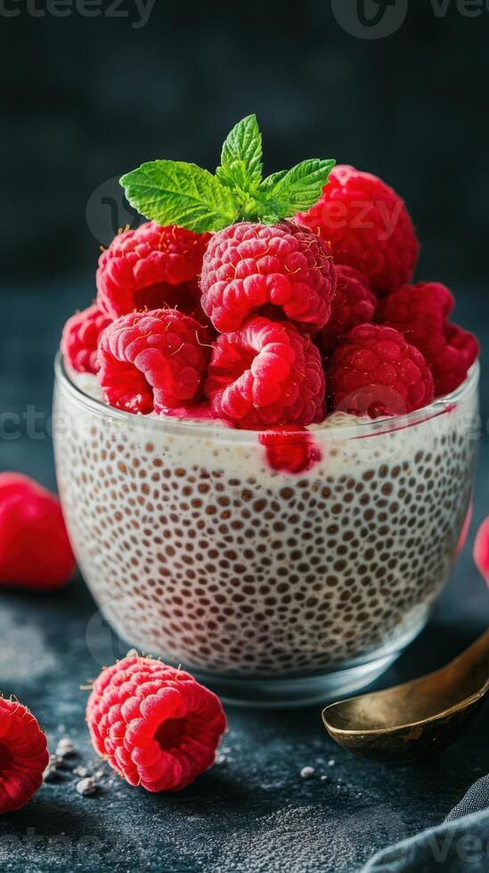 Delicious chia pudding topped with fresh raspberries and mint leaves in a stylish bowl photo