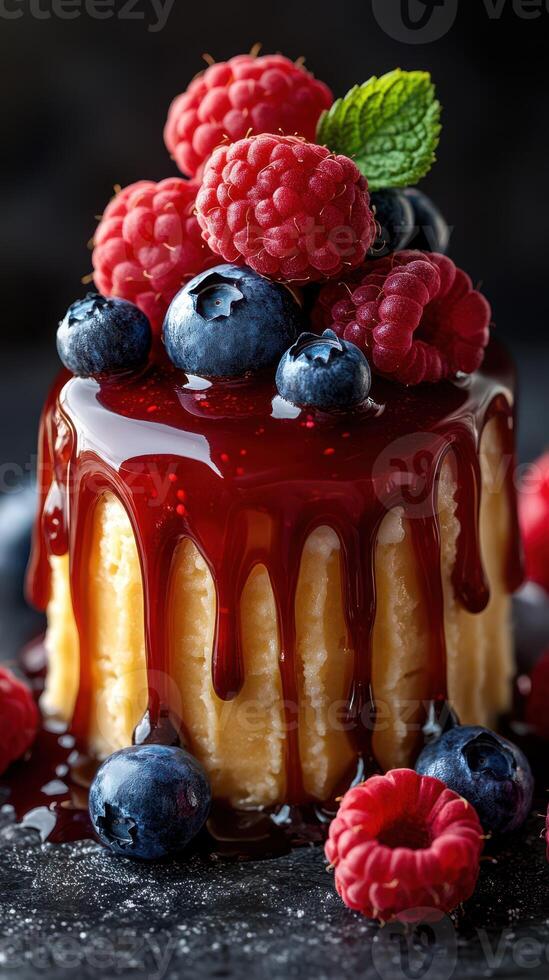 Delicious dessert with vibrant berries and glossy red sauce on a black background in a gourmet setting photo