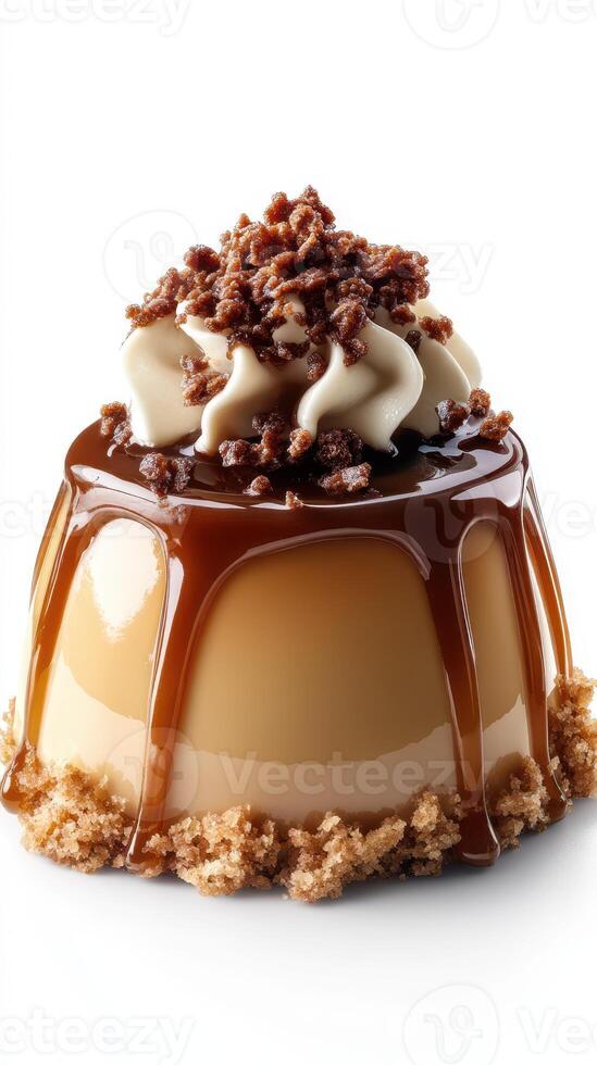 Delicious caramel dessert topped with whipped cream and crunchy sweets on a white background photo