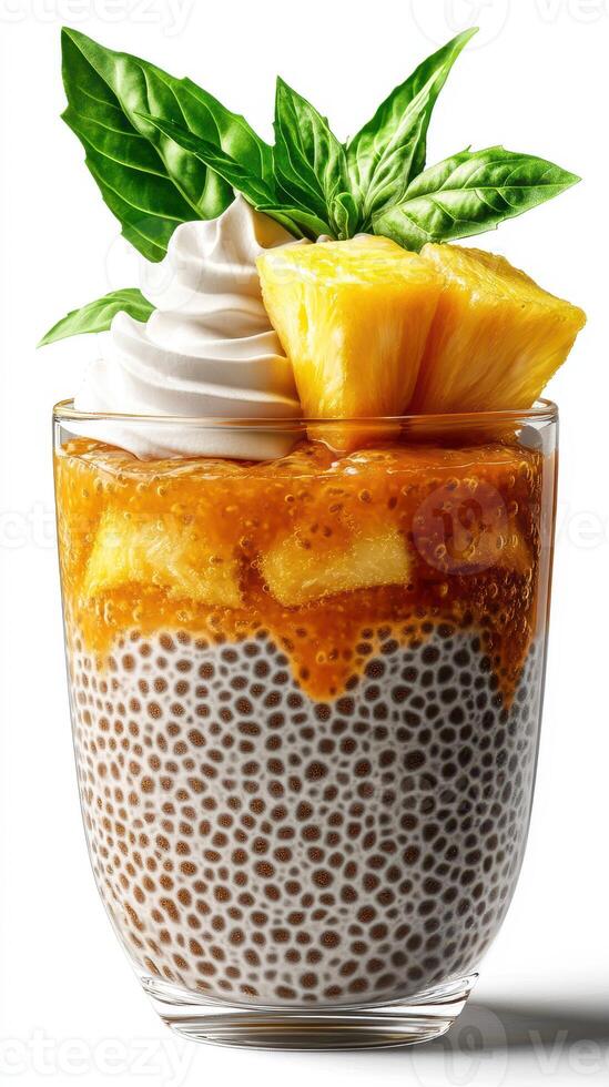 Delicious dessert featuring chia seeds and tropical flavors of pineapple and basil served in a glass photo