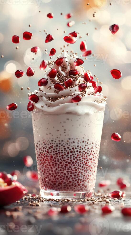 Delicious dessert with creamy toppings and pomegranate seeds flying in the air at a vibrant setting photo