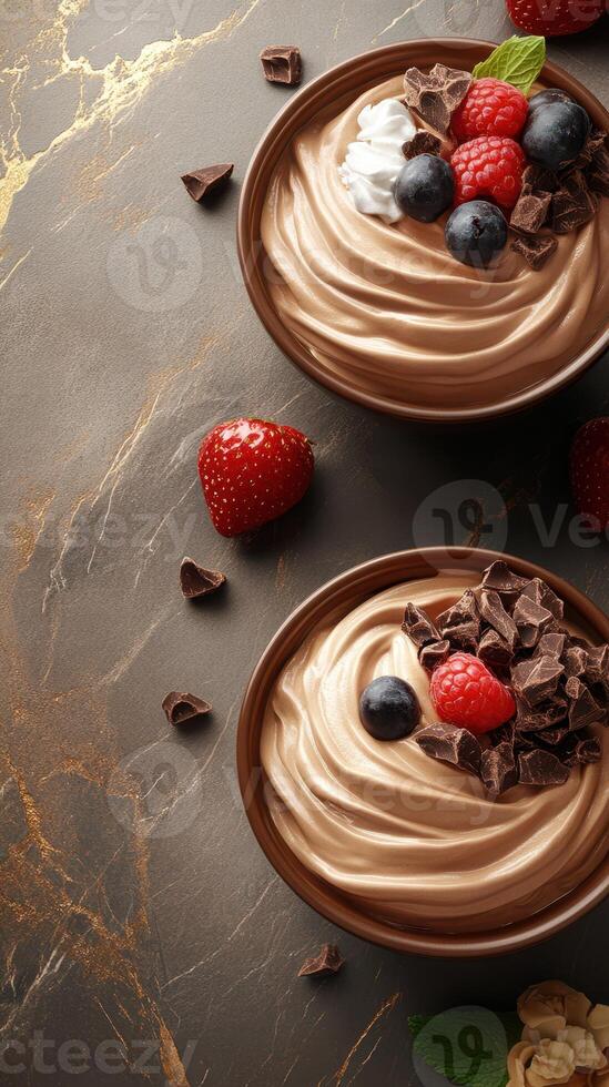 Satisfying dessert bowls featuring chocolate mousse with fresh berries and chocolate shavings on a decorative surface photo