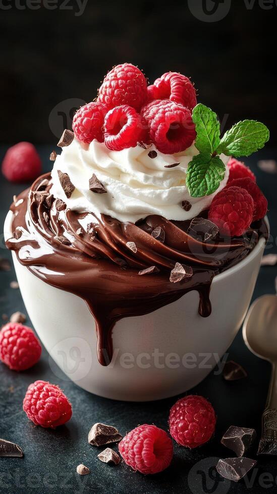 Decadent chocolate mousse topped with raspberries and whipped cream served in a stylish bowl photo