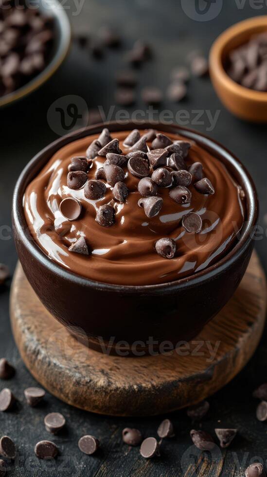 Decadent chocolate mousse topped with dark chocolate chips served in a rustic bowl photo