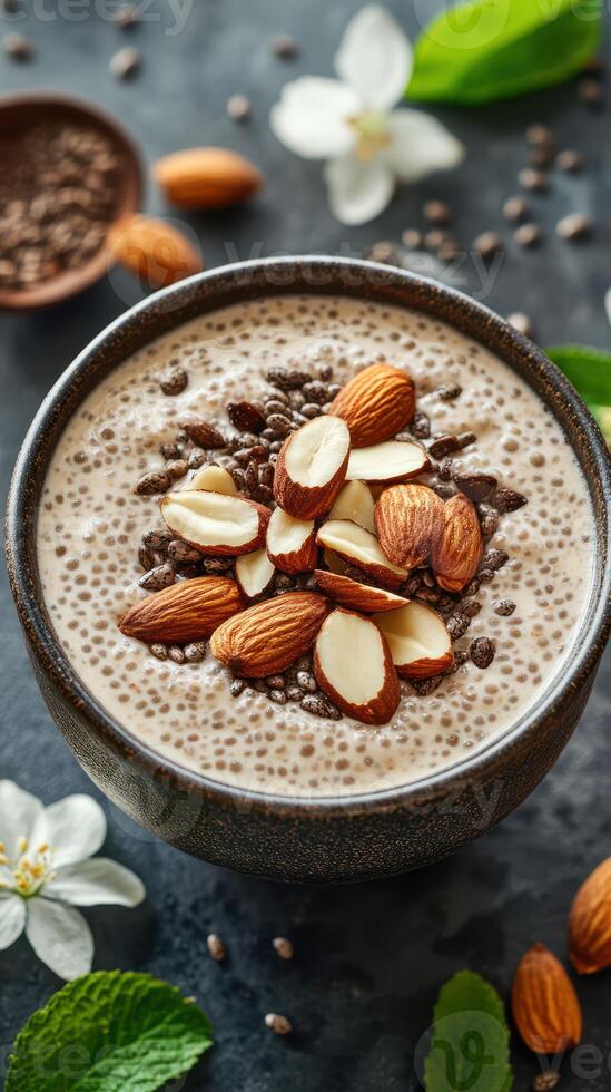 Nutritious chia seed pudding topped with almonds and coffee beans in an elegant bowl photo