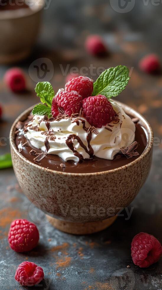 Decadent chocolate mousse topped with fresh raspberries and whipped cream in a rustic bowl photo