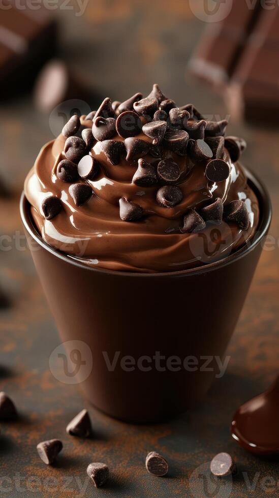 Creamy chocolate mousse topped with chocolate chips served in a dark cup on a rustic table photo