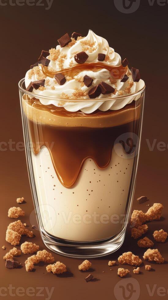 Creamy coffee dessert with whipped topping and chocolate on elegant background photo