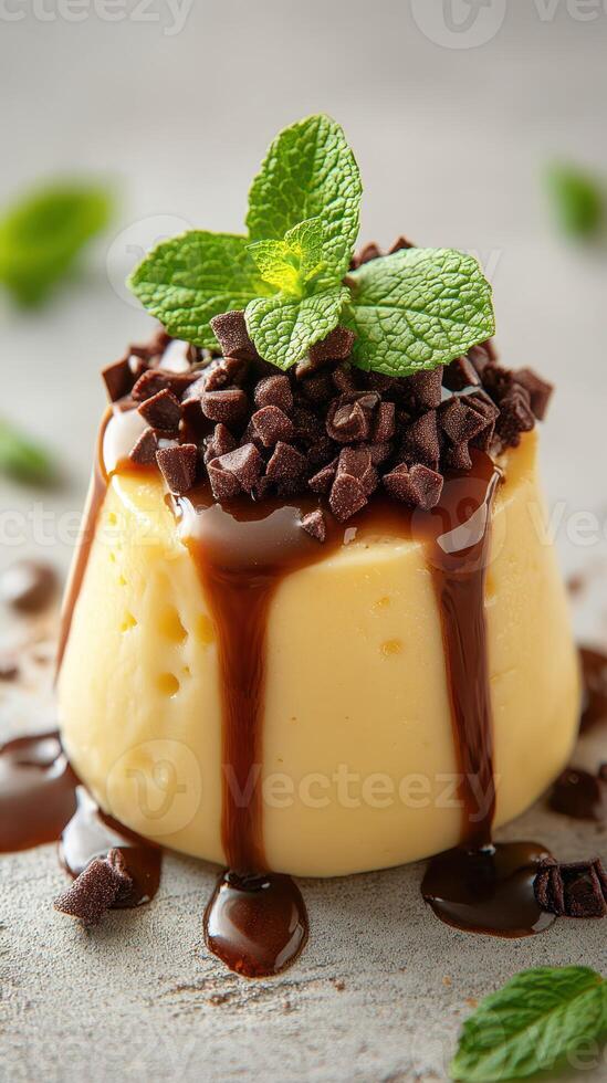 delicioso vainilla pudín coronado con chocolate papas fritas y menta hojas en un texturizado antecedentes foto