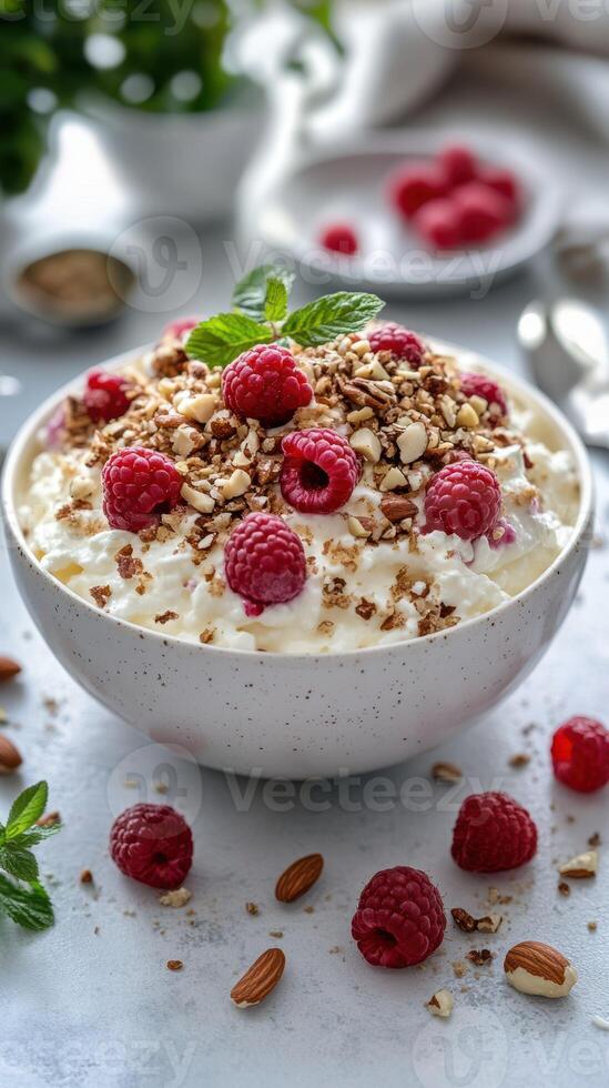 Delicious bowl of yogurt topped with fresh raspberries and granola on a light countertop photo