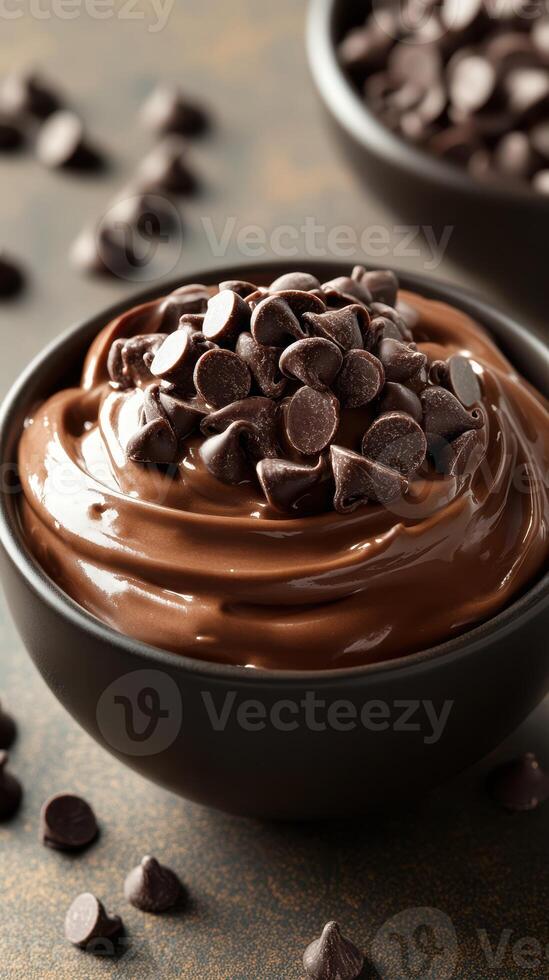 Creamy chocolate mousse topped with chocolate chips in a bowl on a rustic surface photo