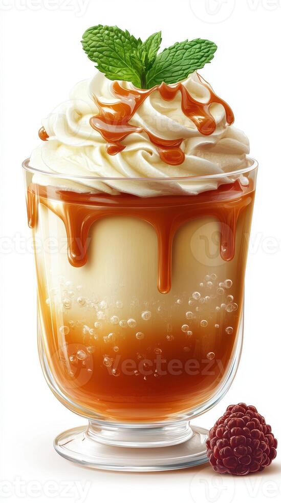 Delicious dessert with caramel drizzle and whipped cream topped with mint and raspberry on a bright background photo