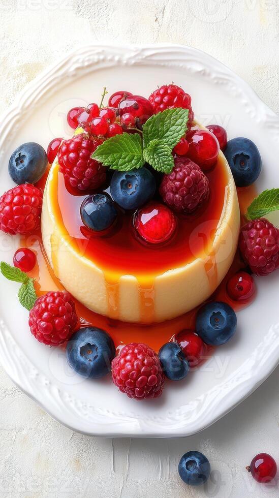 Savory dessert topped with fresh berries on a white plate with a drizzle of caramel photo