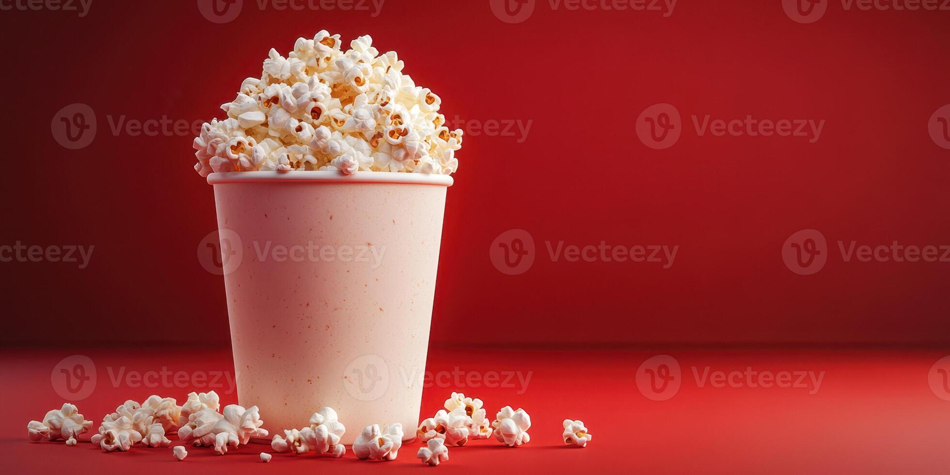 Delicious popcorn in a cup on a vibrant red background perfect for movie night or snacking photo