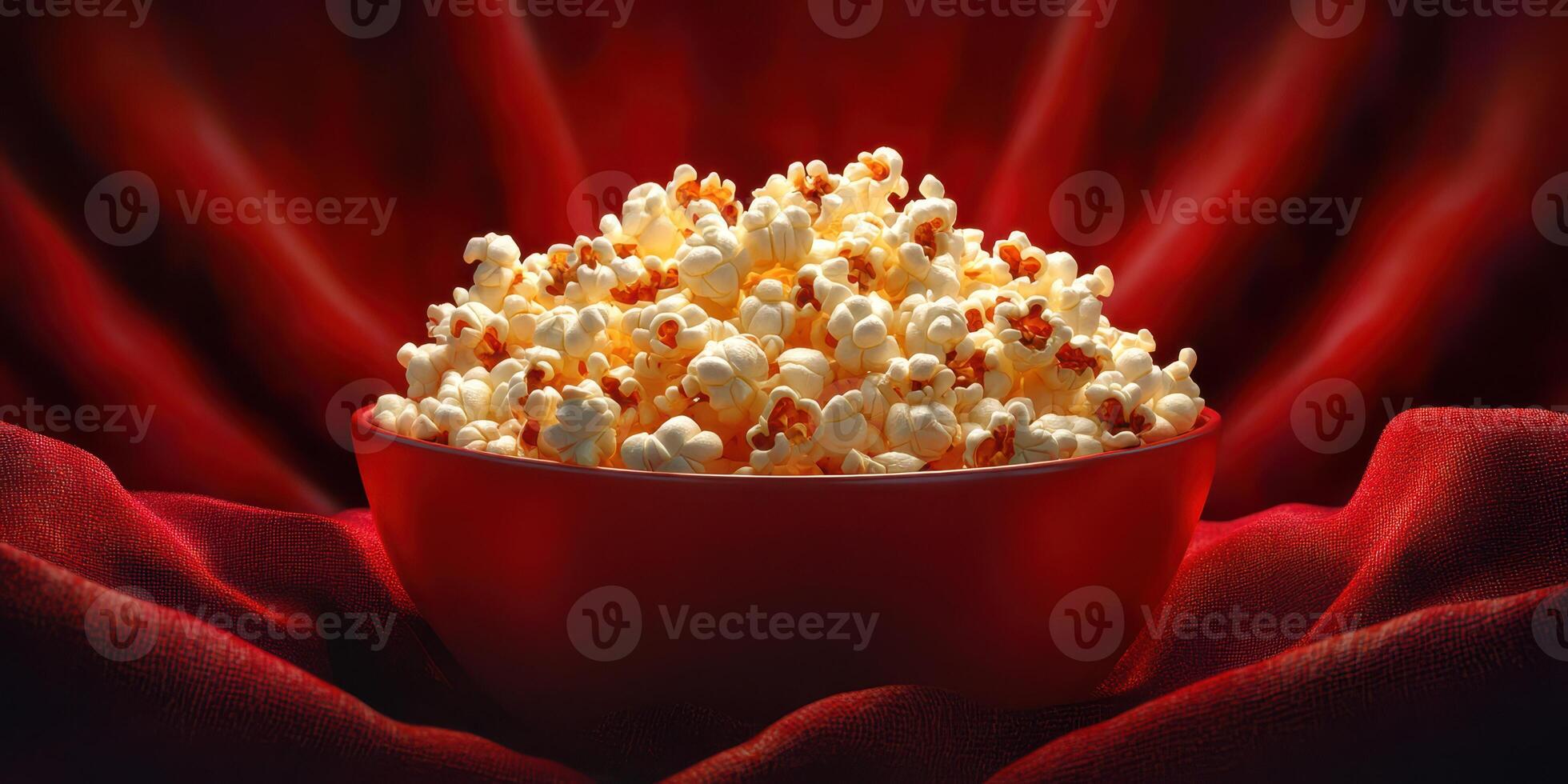 Freshly made popcorn served in a vibrant red bowl on soft red fabric showcasing a cinephile's snack during movie time photo