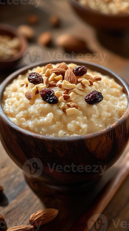 Delicious bowl of rice pudding topped with nuts and raisins prepared stylishly on wooden table photo