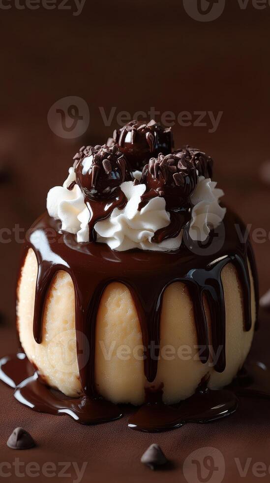 Delicious chocolate dessert topped with whipped cream and chocolate truffles served on a dark background photo
