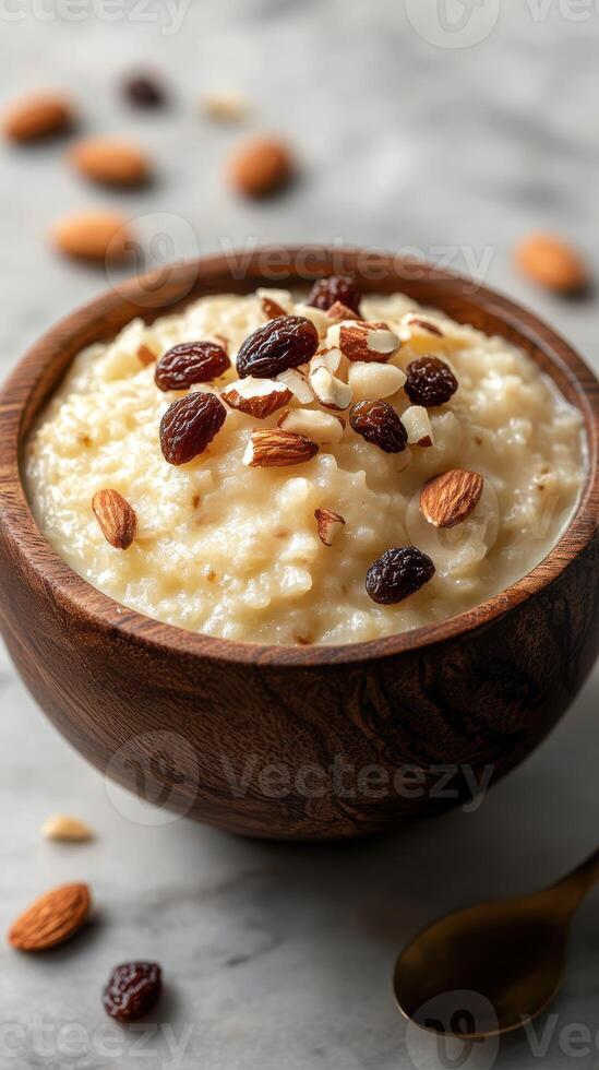 Creamy oatmeal topped with nuts and raisins served in a wooden bowl on a marble surface photo