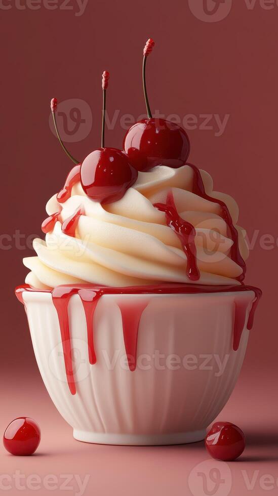 Delicious dessert with creamy frosting and bright cherries on top served in a white bowl against a reddish background photo