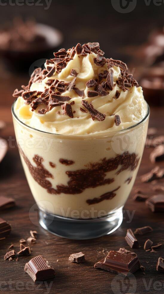 Indulgent chocolate mousse dessert topped with whipped cream and chocolate shavings served in a glass cup photo