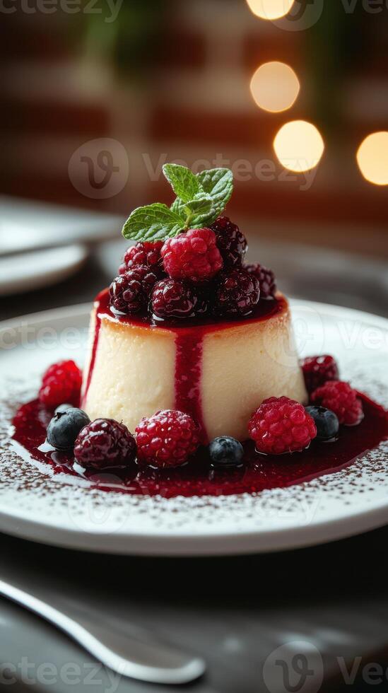 Delicious dessert featuring creamy panna cotta topped with fresh berries and a vibrant raspberry sauce in a cozy dining setting photo