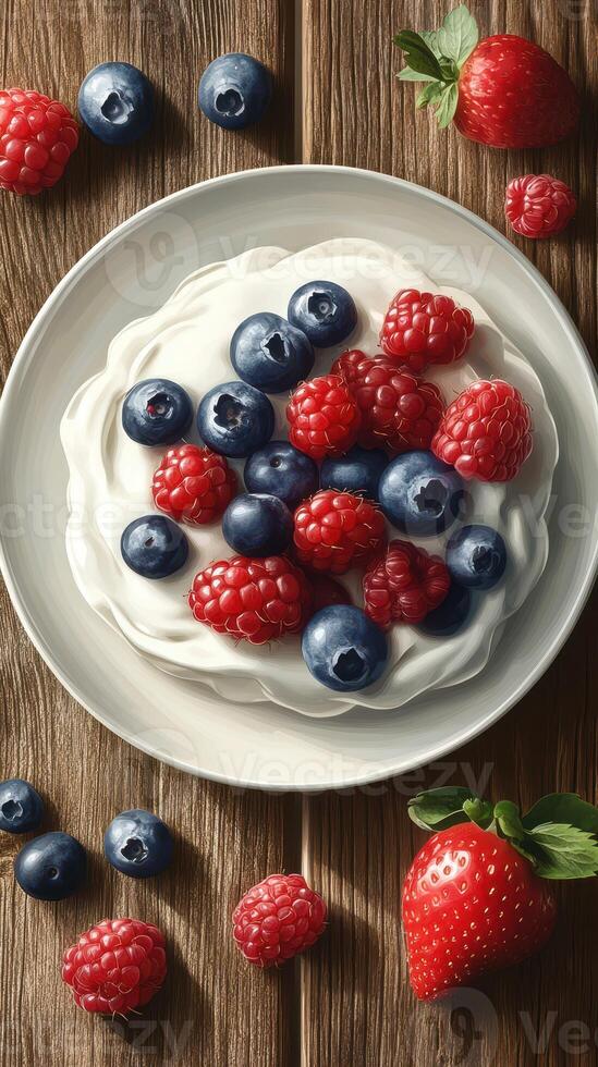 Fresh berries and cream dessert served on a wooden table with vibrant colors and textures photo