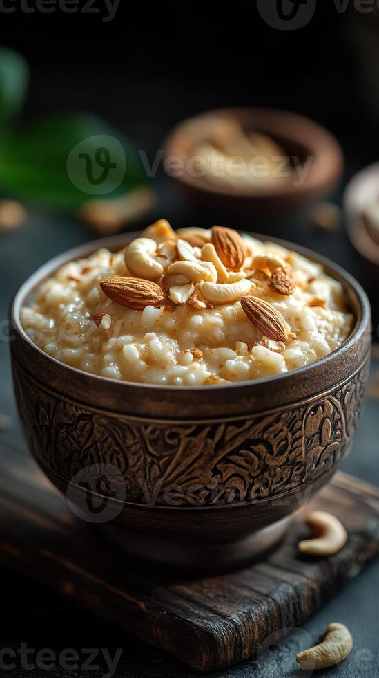 Delicious bowl of porridge topped with nuts and seeds in a rustic setting, perfect for breakfast or dessert time photo