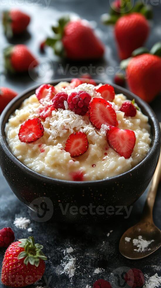 Creamy oatmeal bowl topped with fresh strawberries and raspberries served on a dark table photo