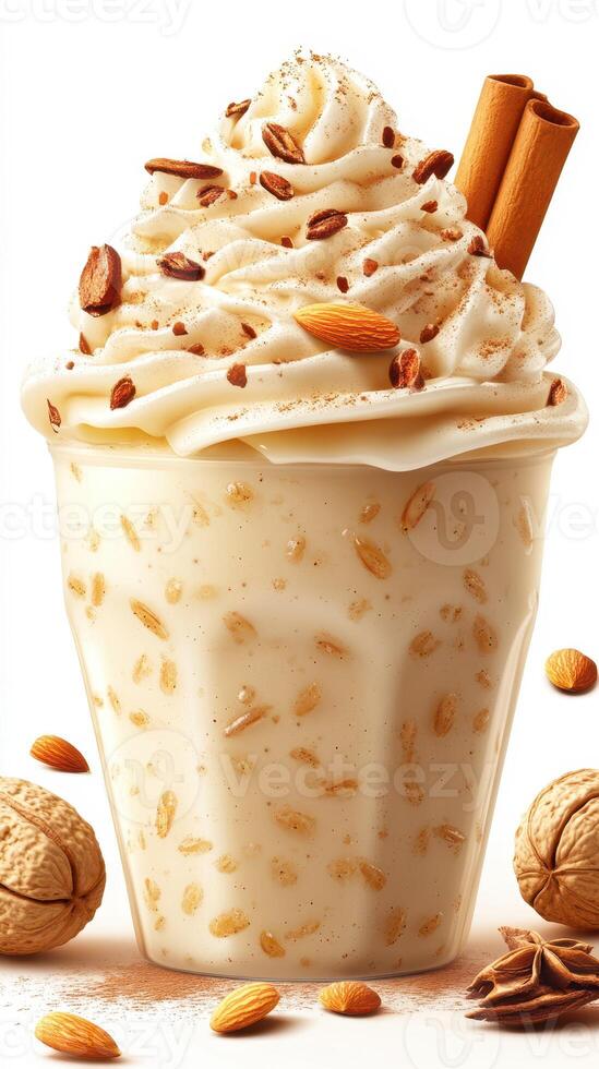 Delicious oat-based dessert topped with whipped cream and cinnamon sticks in a cozy setting photo