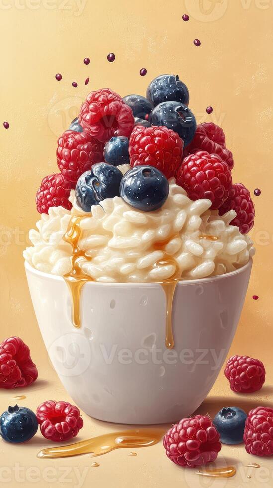 Delicious bowl of creamy rice pudding topped with fresh berries and drizzled with honey photo