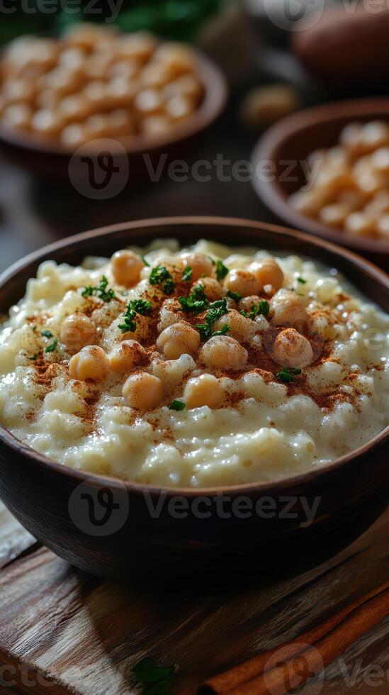 Delicious creamy dessert with nuts and spices served in a rustic bowl at a cozy dining setting photo