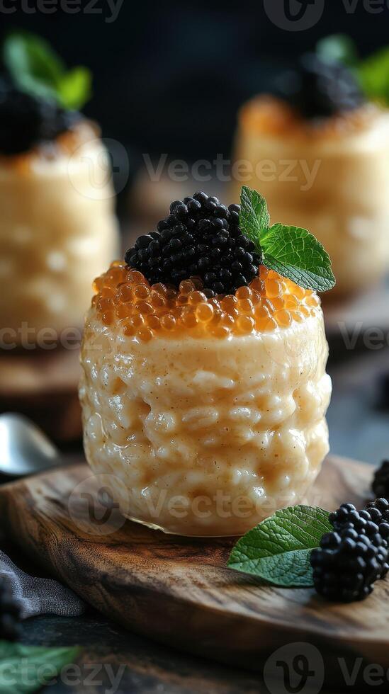 Delicious dessert featuring creamy rice pudding topped with black caviar and mint leaves served on a wooden platter photo