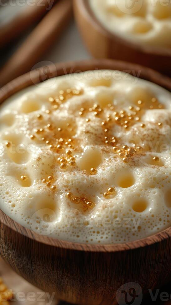 Rich and creamy beverage topped with golden bubbles in a wooden bowl during a cozy indoor setting photo