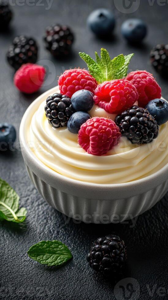 Creamy dessert topped with fresh berries and mint on a textured surface in a dimly lit setting photo